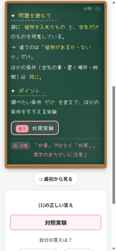 理科ガイドの過去問解説画面。黒板形式で考え方を順に確認します。