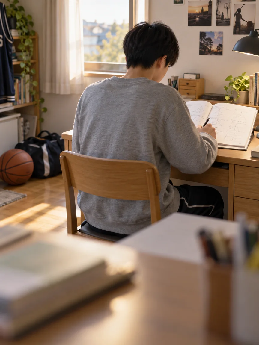 部活後に自宅で復習する学習者とスポーツ用品のイメージ