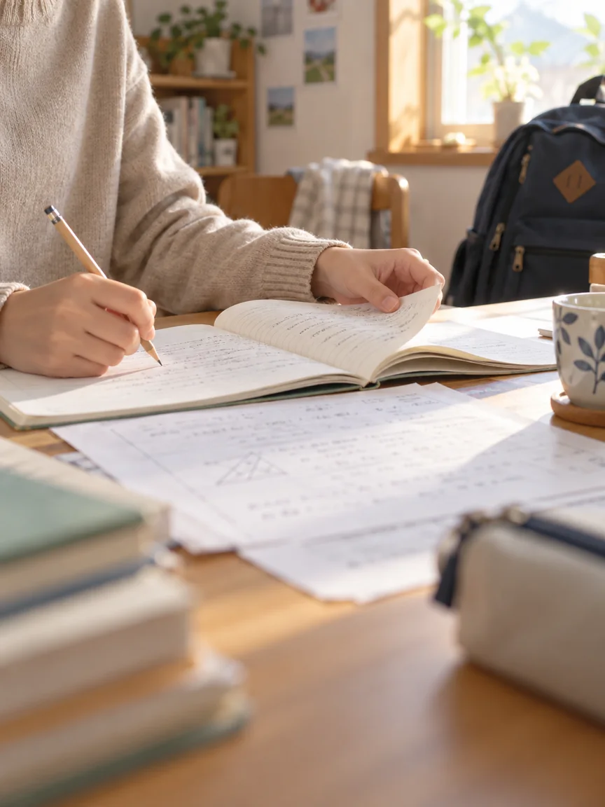ノートとプリントを開き、学習を再開する手元のイメージ