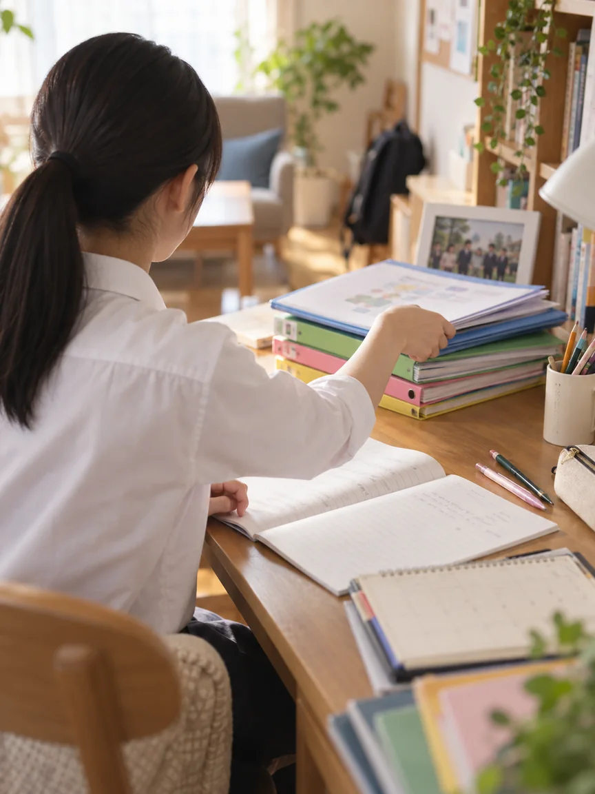 学校の資料を整理して、自分のノートに向かう学習場面のイメージ