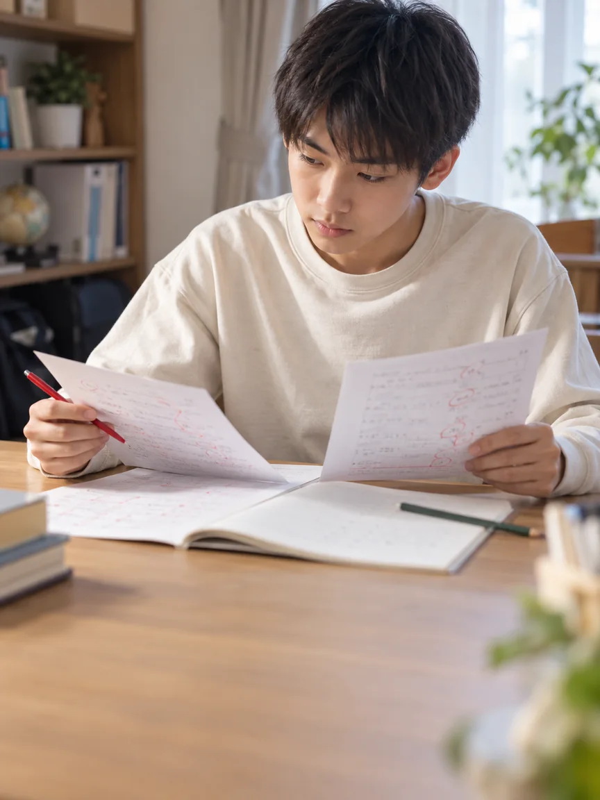 過去問の答案を見比べて復習する学習場面のイメージ