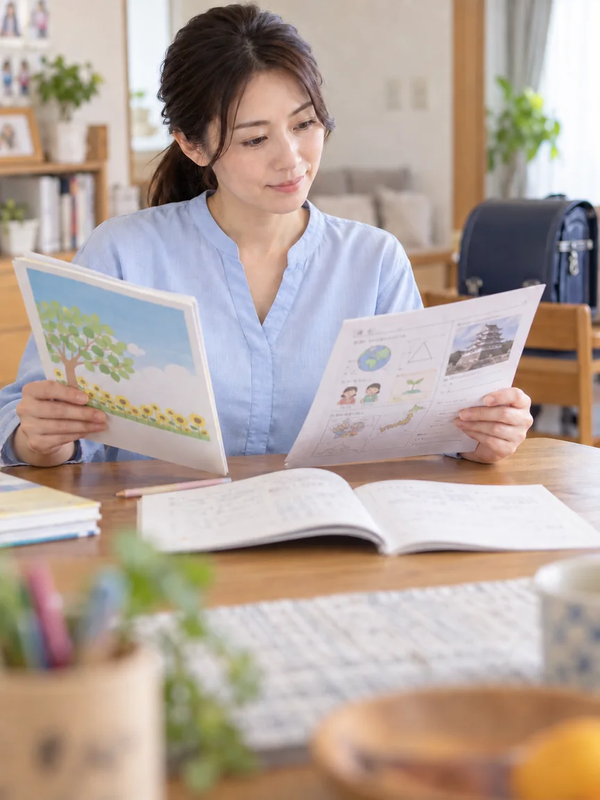 学校の教材と練習プリントを見比べる保護者のイメージ