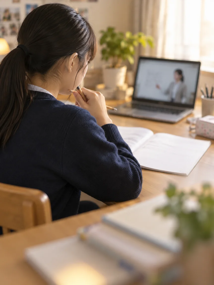 家庭でノートに向かい、考えている学習者のイメージ