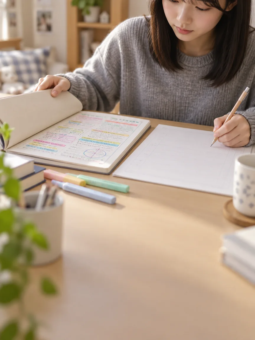 整理したノートを閉じて解答用紙に書く学習場面のイメージ