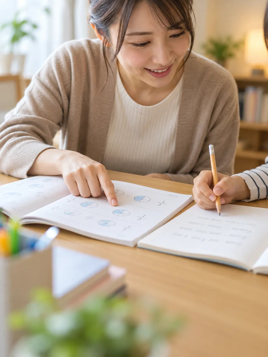 講師と一緒に分数の基本を確認する学習場面のイメージ